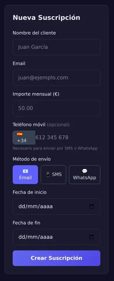 New subscription form: name, email, monthly amount, phone, delivery method and start and end dates